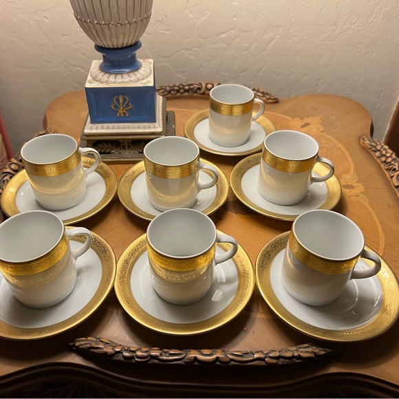 Tirschenreuth, Bavaria Other - TIRSCHENREUTH Coffee❤️Bavaria Germany Demitasse 7 Flat Cups & Saucer-Gold Gilt